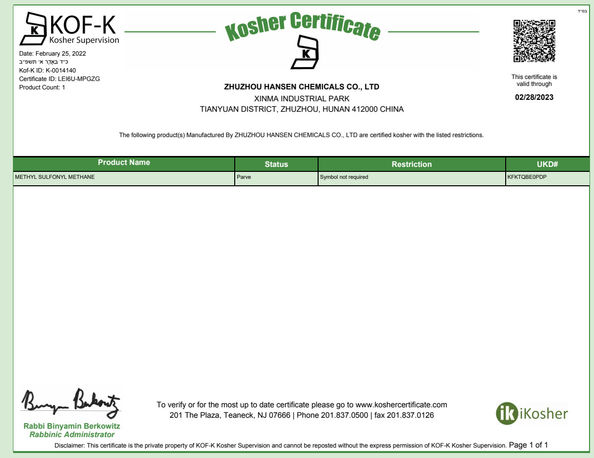 China Zhuzhou Hansen Chemicals Co.,Ltd certificaciones
