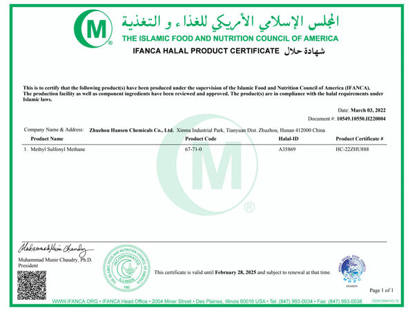 China Zhuzhou Hansen Chemicals Co.,Ltd certificaciones