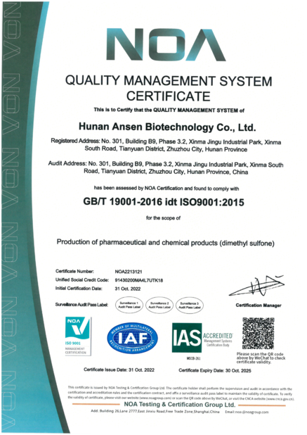 China Zhuzhou Hansen Chemicals Co.,Ltd certificaciones